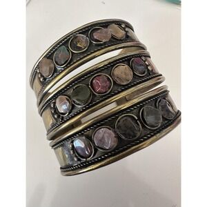Gold Brass Tone Multicolor Gemstone Wide Cuff Bracelet Womens Boho Statement